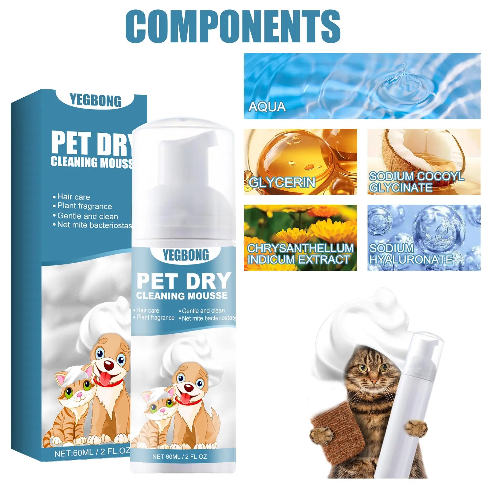 Pet Dry Wash Foam Shampoo for Kittens & Dogs — No Rinse Needed, Eliminates Odors, Smooths Coat, Cleanses Fur