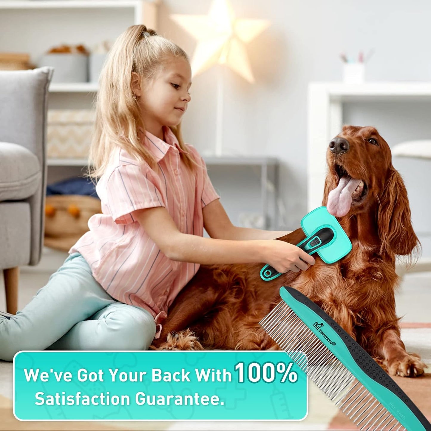 Dog Brush for Shedding, Self-Cleaning Slicker Brush, Short & Long Haired Pets, Removes Mats, Tangles, Loose Fur, Gentle on Skin, Ideal for Small, Medium, Large Dogs, Pet Comb, Aqua Green
