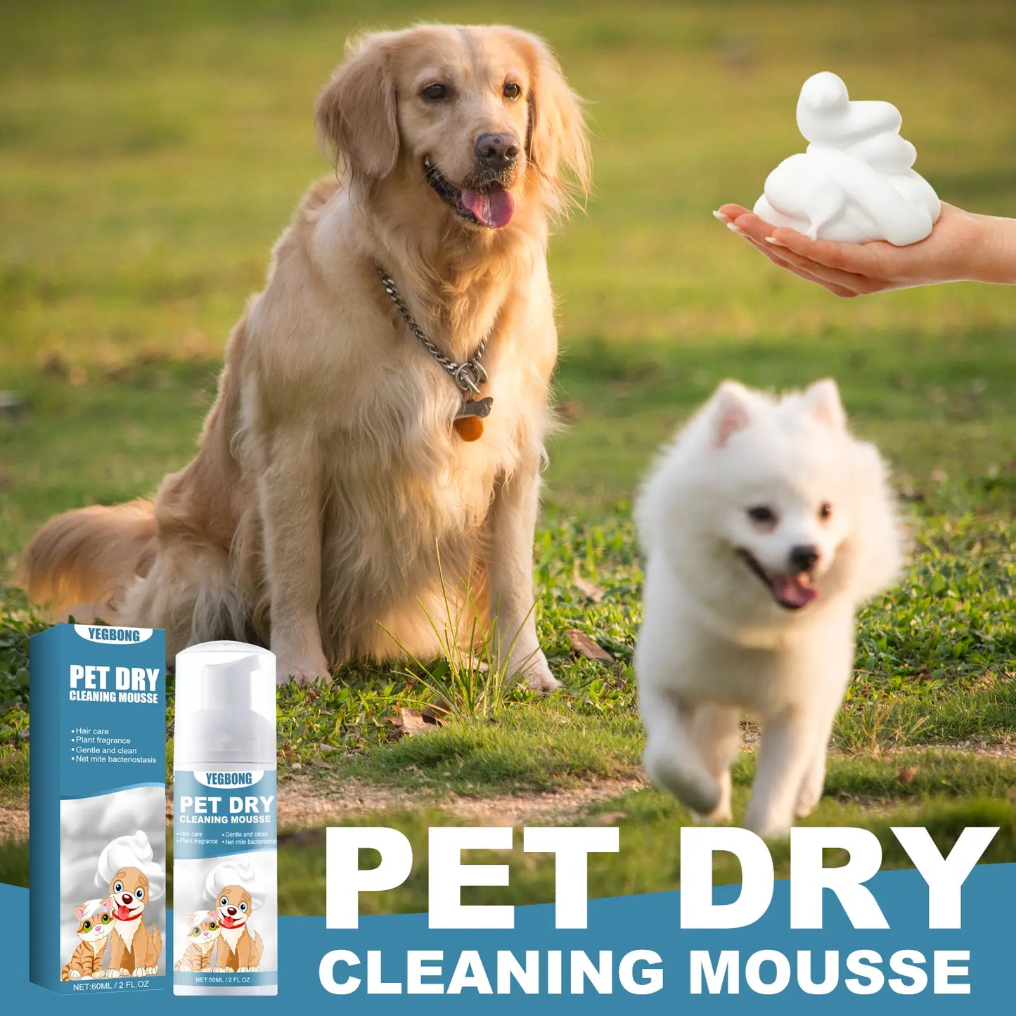 Pet Dry Wash Foam Shampoo for Kittens & Dogs — No Rinse Needed, Eliminates Odors, Smooths Coat, Cleanses Fur